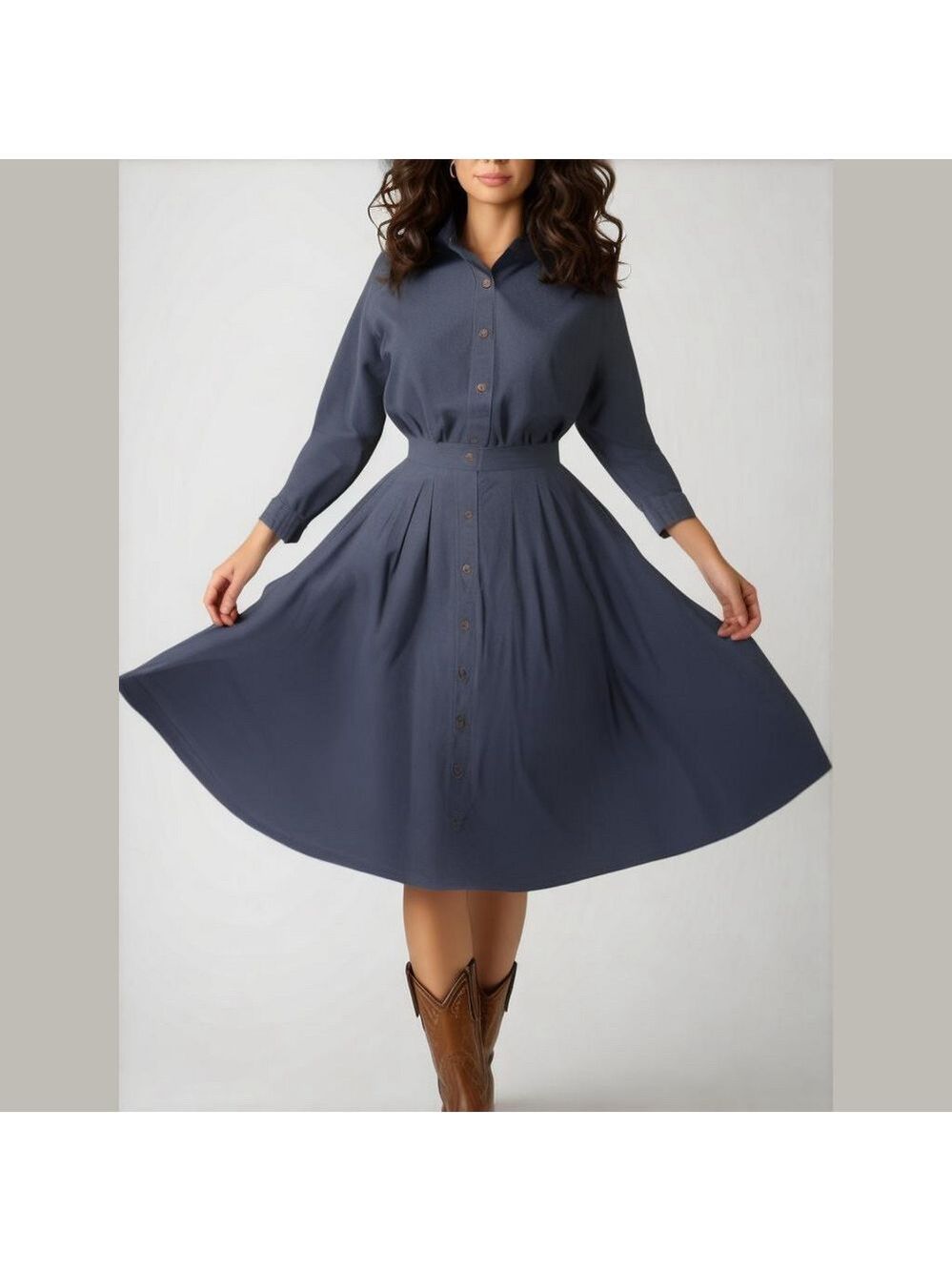 70s DENIM SHIRT & FULL MIDI SKIRT HANDMADE DARK BLUE SET WESTERN COWBOYCORE SP